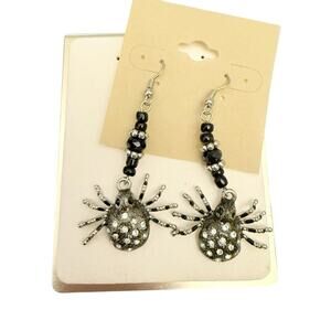 Spider Earrings Rhinestone Halloween Beaded Dangle Drop Black Silver NWT